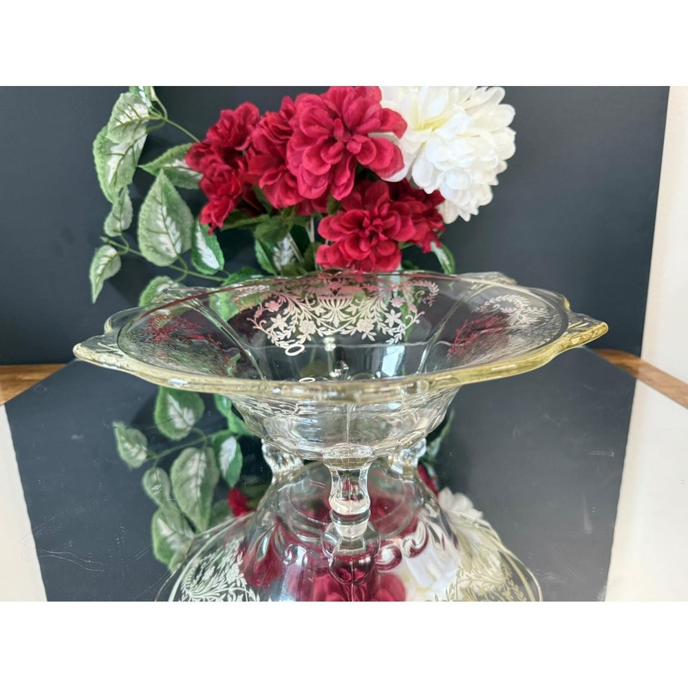 Vintage Etched Floral Footed Glass Bowl – Clear Pedestal Centerpiece Retro Decor